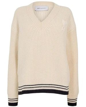 Ami Paris De Coeur Logo V-Ausschnitt Pullover - Natur