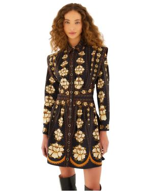 FARM Rio Zwarte Katoenen Shirt Met Geborduurde Bloemen - Bruin