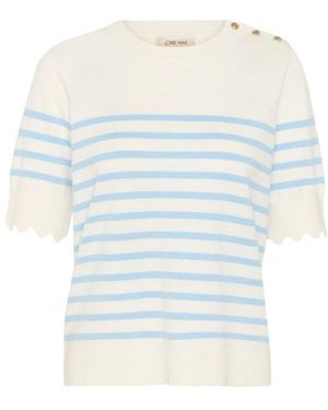 Cream Gestreifte Strickbluse Mit Knopfdetails - Blau