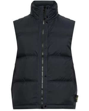 Stone Island Jassen ,Blauw ,Leer Gewatteerd Vest Met Opstaande Kraag - Zwart