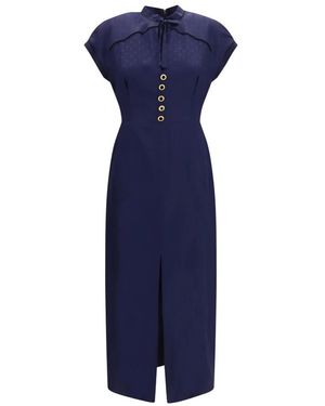 Alessandra Rich Kleedjes ,Blauw ,Leer Zijden Midi Jurk Met Knopen En Contrasterende Biezen