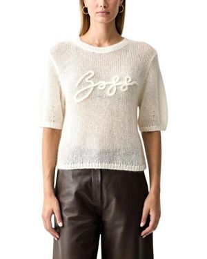 BOSS Rundhals-Strickpullover Lang - Weiß