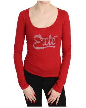 Exte Tops ,Rood ,Katoen Rood Kristalversierd Langemouwtopje