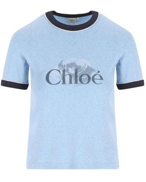 Chloé Blauer Rose Print Crew Neck T-Shirt