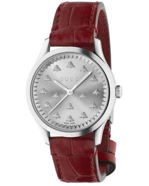 Gucci Accessoires ,Bruin ,32 Mm Stalen Kast, Zon Geborstelde Wijzerplaat Met Bijen, Rode Gekleurde Alligator Band - Rood