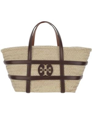Tory Burch Raffia Stro Shoppingtas Met Leer - Bruin