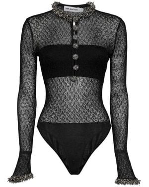 Self-Portrait Tops ,Zwart ,Leer Bodysuit Met Opengewerkt Breisel En Verfraaide Rand