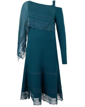 Alberta Ferretti Kleedjes ,Blauw ,Wol Knie-Lange Petrolblauwe Jurk Met Asymmetrische Halslijn En Kant
