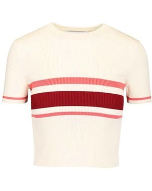 Self-Portrait Truien & Vesten ,Veelkleurig ,Polyester Gestreept Viscose Knit Button Top - Rood