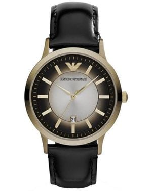 Emporio Armani Edelstahl Lederarmband Uhr - Schwarz
