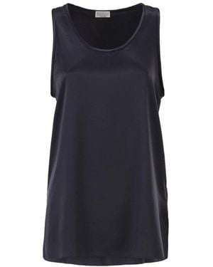 Brunello Cucinelli Stretch Zijde Satijn Ronde Hals Top - Blauw