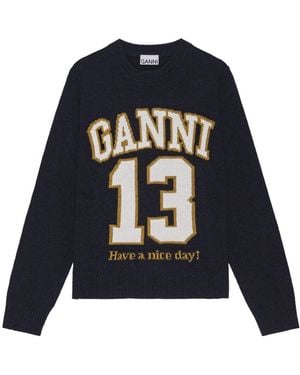 Ganni Dunkelblauer Grafikwollmix-Pullover