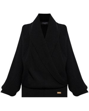 Balmain Truien & Vesten ,Zwart ,Wol Oversized Gebreide Trui Met Capuchon