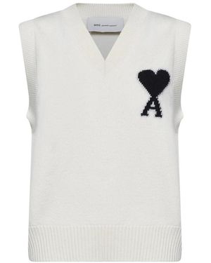 Ami Paris Truien & Vesten ,Wit ,Wol Ribbed V-Neck Mouwloze Gebreide Trui