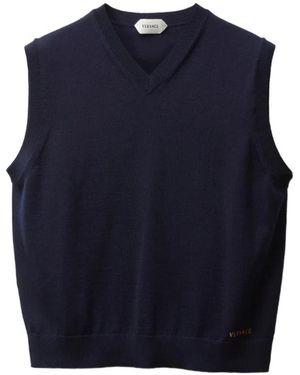 Versace Truien & Vesten ,Blauw ,Wol Geborduurde Wollen Gebreide Vest