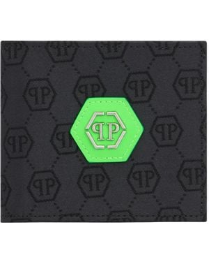 Philipp Plein Accessoires ,Zwart ,Leer French Wallet Jacquard Monogram - Groen