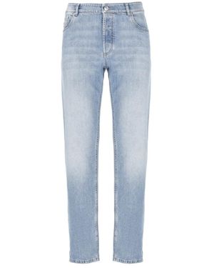 Brunello Cucinelli Hellblaue Baumwolljeans Mit Lederlasche