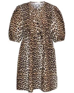 Ganni Jurk Met Luipaardprint En Strikdetail - Bruin