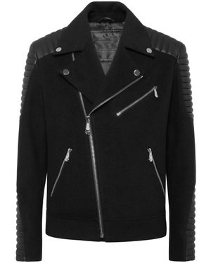 Philipp Plein Wollen Bikerjack Met Leren Inzetstukken - Zwart