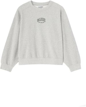 Ganni Hoodies & Sweatvesten ,Grijs ,Katoen Sweatshirt Met Ronde Hals En Logo - Wit