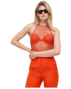 Patrizia Pepe Tops ,Oranje ,Katoen Rhinestone Mesh Crew-Neck Top - Rood