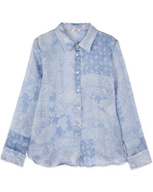 Oltre Satijnen Blouse Met Foulardprint - Blauw