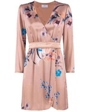 Nenette Vestido Marrón Con Estampado Floral Oriental Y Cruzado En El Cuello, Mujer, Talla - Rosa