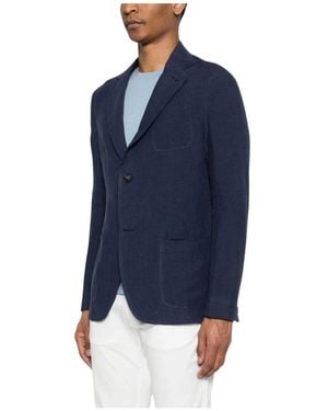Emporio Armani Enkelrijig Linnen Blazer - Blauw