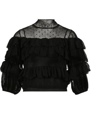 Ulla Johnson Overhemden ,Zwart ,Nylon Corinna Top Met Mock-Neck En Getrapte Ruffles