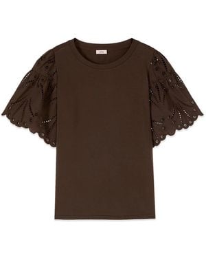 Oltre T-Shirt Mit Broderie-Anglaise-Ärmeln - Braun