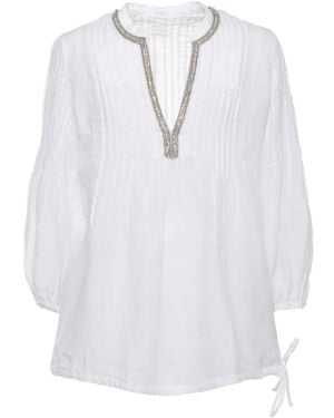 120% Lino V-Hals Blouse Met Versiering - Wit