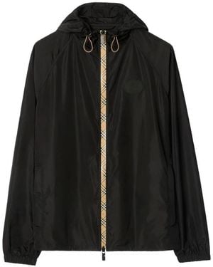 Burberry Jassen ,Zwart ,Nylon Capuchonjack Met Icon Stripe Detail