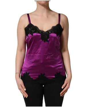 Dolce & Gabbana Tops ,Paars ,Katoen Silk Lace Trim Sleeveless Tank