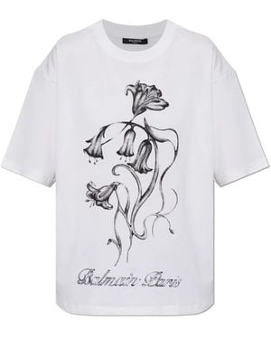Balmain Tops ,Wit ,Katoen Printed Flower T-Shirt