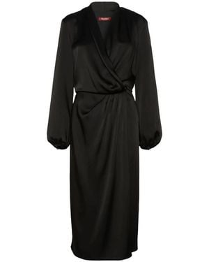 Max Mara Kleedjes ,Zwart ,Leer Jurk Met Gedrapeerde Taille En V-Hals