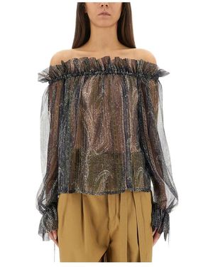 Saint Laurent Overhemden ,Blauw ,Polyester Geprinte Crêpe Blouse - Bruin