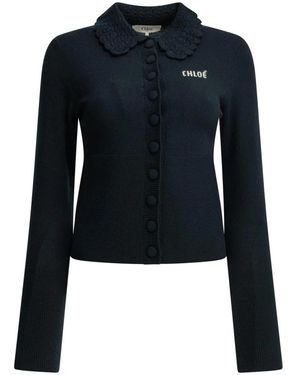 Chloé Truien & Vesten ,Blauw ,Wol Geborduurd Logo Vest Met Kraag