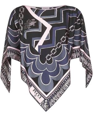PUCCI Zijden Bedrukte Zwarte Blouse - Blauw