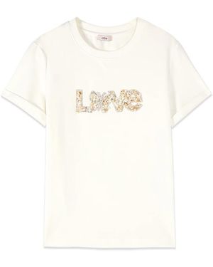 Oltre Tops ,Wit ,Katoen T-Shirt Met Geborduurde Letterversiering Met Juwelen