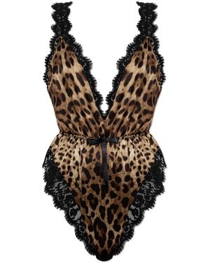 Dolce & Gabbana Tops ,Bruin ,Satijn Zijden Bodysuit Met Dierlijke Print - Zwart