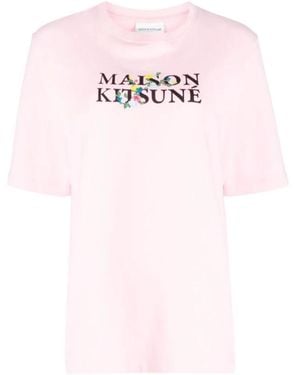 Maison Kitsuné Floral Logo Katoenen T-Shirt - Roze
