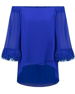 Joseph Ribkoff Overhemden ,Blauw ,Polyester Off-Shoulder Pullover Met Veerdetail