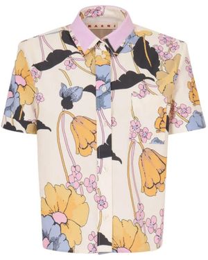 Marni Overhemden ,Veelkleurig ,Katoen Cropped Bloemenpoplin Overhemd - Roze