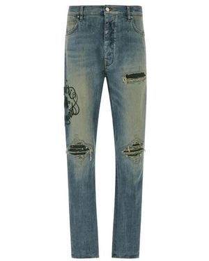 Amiri Distressed Logo Print Slim Fit Jeans - Blauw
