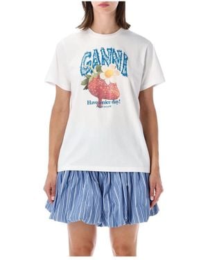 Ganni Tops ,Wit ,Katoen T-Shirt Met Aardbei