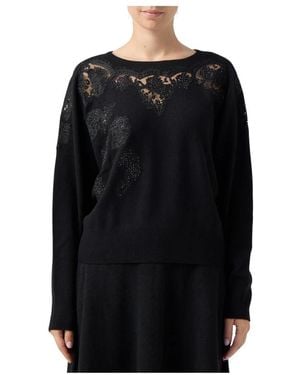 Ermanno Scervino Truien & Vesten ,Zwart ,Wol Ronde Hals Pizzo E Cristalli