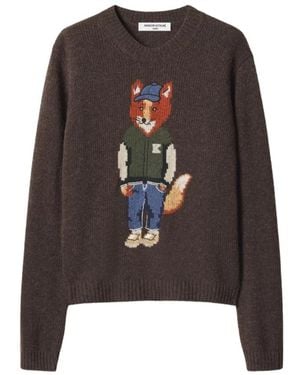 Maison Kitsuné Truien & Vesten ,Bruin ,Wol Dressed Fox Intarsia Wol Trui