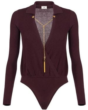Elisabetta Franchi Viscose En Zijde Gebreide Bodysuit Met Ketting - Paars