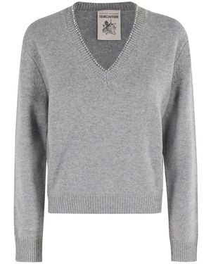 Semicouture Blauwe V-Hals Rhinestone Sweater Nahia - Grijs