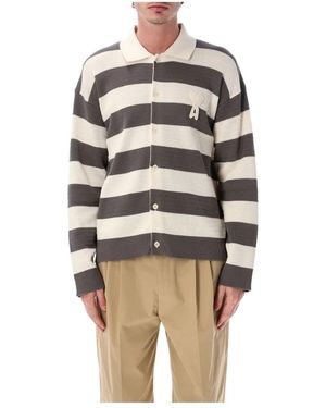 Ami Paris De Coeur Gestreepte Katoenen Cardigan - Naturel